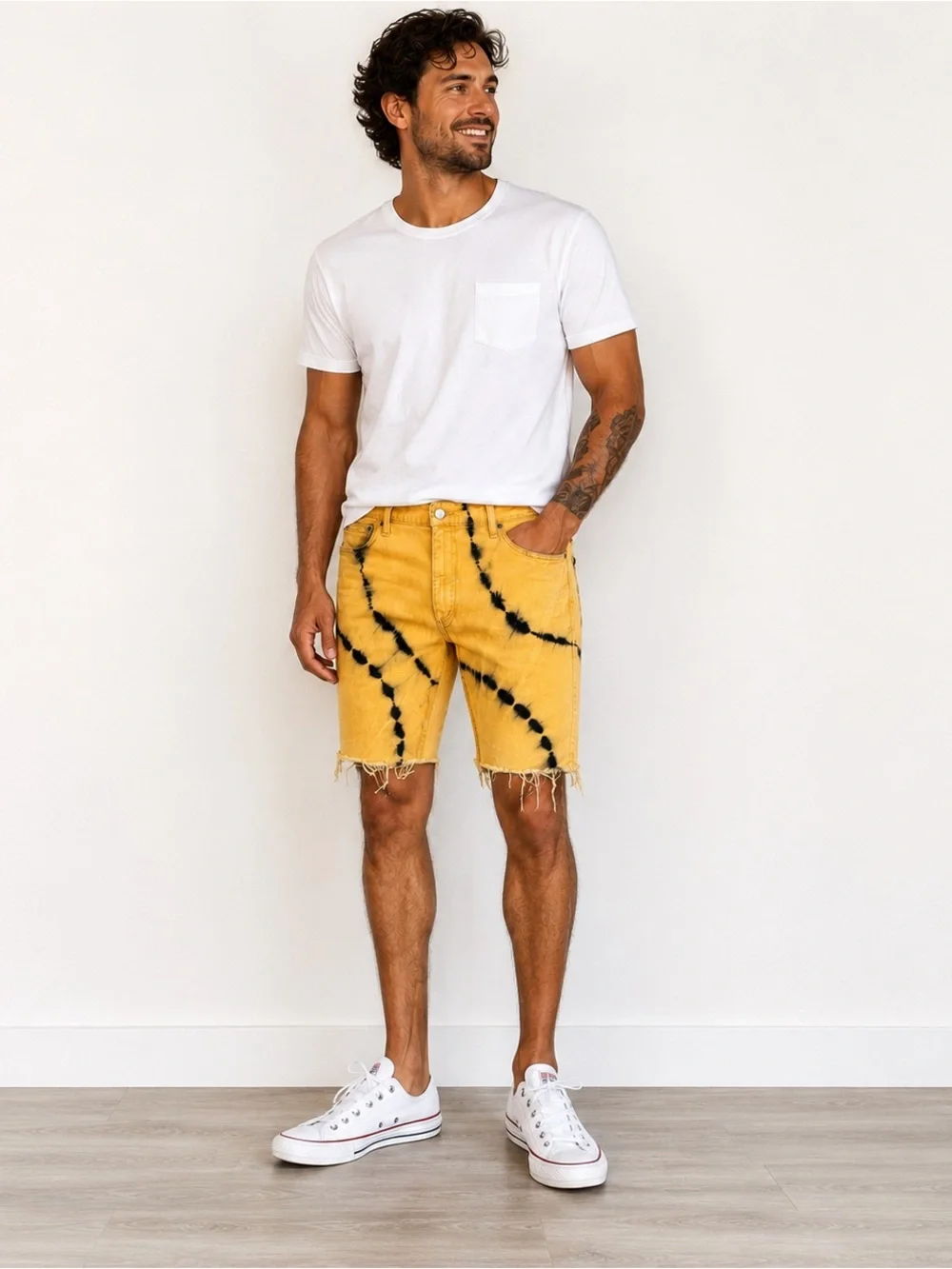 Levi's 511 Slim Fit Tie Dye Cutoff Denim Shorts Yellow Black Men's 42 Frayed